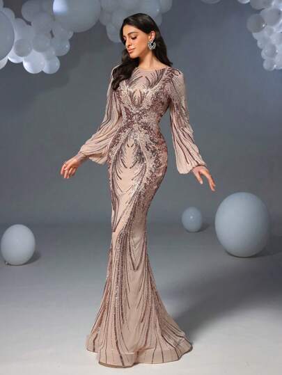 Faeriesty Women Elegant Women's Formal Evening Gown With Elegant Round Neckline, All-Over Sparkling Sparkly Sequin Embroidery, Dramatic Lantern Sleeves, Flattering Fitted Silhouette, And Mermaid Tail Hem For Gala Events, Anniversary Balls, Holiday Celebrations, Formal Dinners, And Evening Galas,Summer Holiday Outfits Wedding Spring
