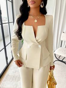 SOLERSUN Solid Color Square Neck Double Breasted Flap Detail Blazer Fall Cloth For Women - Beige - View 3