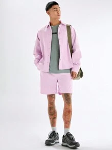 Manfinity VCAY 2 件套男士休闲宽松纯色长袖衬衫和松紧腰短裤套装 - 粉色 - 查看 4