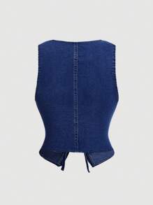 SHEIN MOD 女士70年代复古修身牛仔背心，系带设计，蓝色 - 深色水洗藍 - 查看 2