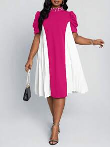 SHEIN Lady Váy dự tiệc Giáng sinh cỡ lớn Váy công sở cho phụ nữ Váy đen trắng cổ xếp ly Tay bồng đính hạt Váy dự tiệc trang trọng Váy dự tiệc cưới thanh lịch - Màu Hồng Tươi - Xem 1