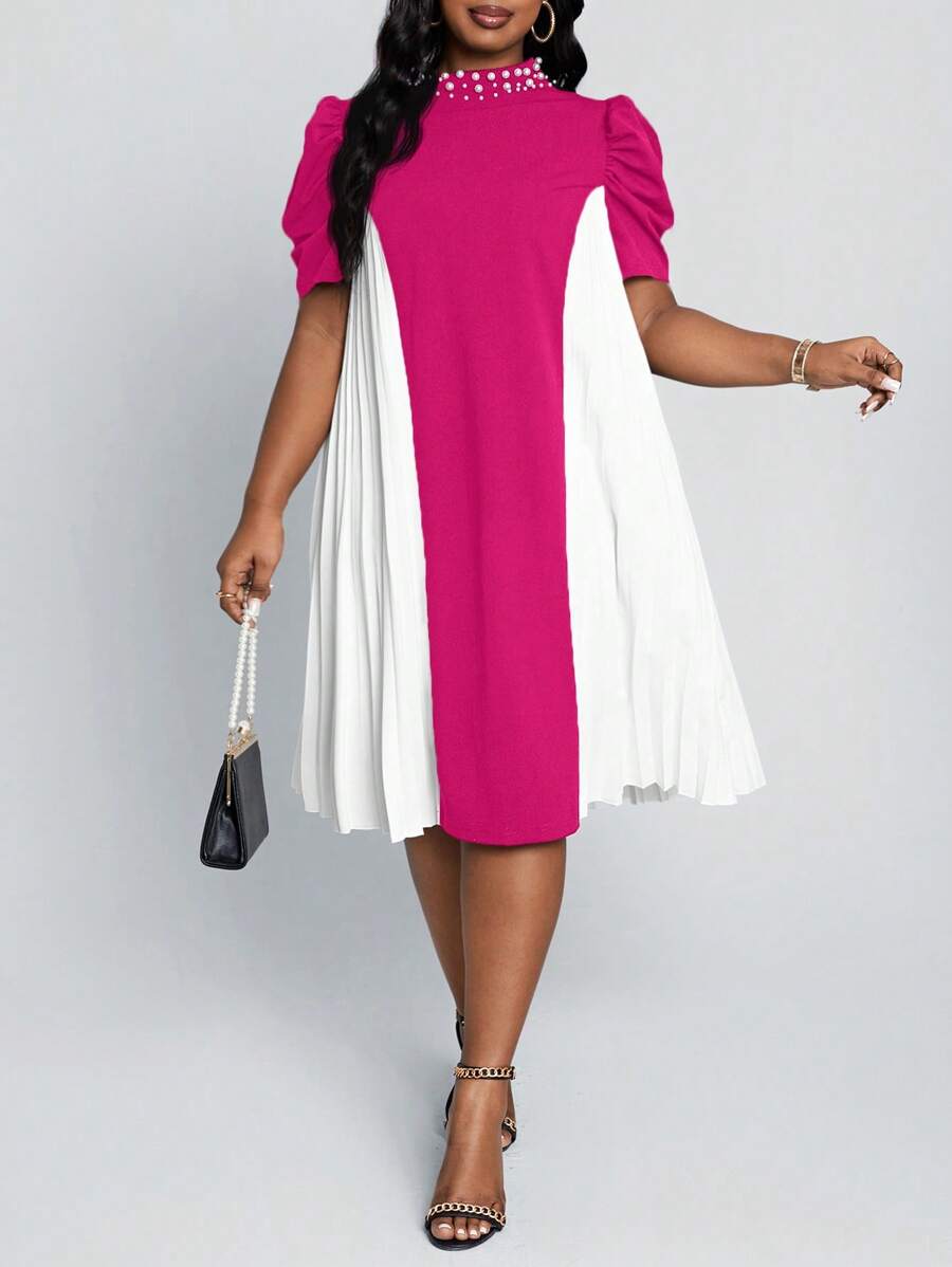 SHEIN Lady Váy dự tiệc Giáng sinh cỡ lớn Váy công sở cho phụ nữ Váy đen trắng cổ xếp ly Tay bồng đính hạt Váy dự tiệc trang trọng Váy dự tiệc cưới thanh lịch - Màu Hồng Tươi - Xem 1