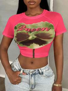 Slaydiva Streetwear décontracté et sexy, t-shirt à col rond à impression florale tout-aller rose rouge, blouse transparente à imprimé maillé pour femmes