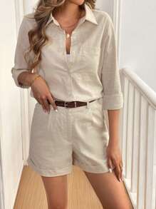 Calvaya 休闲棉质口袋舒适衬衫和短裤套装 - 杏色 - 查看 3