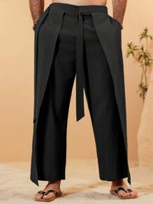 Manfinity RSRT Pantalones casuales largos de unicolor con cinta en el dobladillo del bolsillo para hombres - Negro - Ver 1