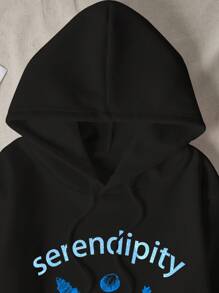 Letter Graphic Kangaroo Pocket Drawstring Thermal Lined Hoodie - Black - View 8