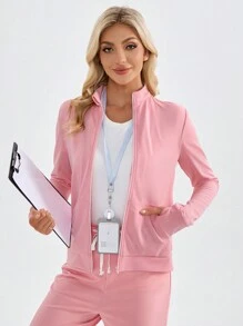 TaskEZ Áo khoác phẫu thuật đồng phục điều dưỡng cổ đứng dài tay màu trơn - Hồng - Xem 6