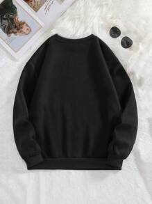 SHEIN Unity 羊毛运动衫，粉色标语和蝴蝶结设计，秋冬，黑色运动衫，长袖上衣 - 黑色 - 查看 2