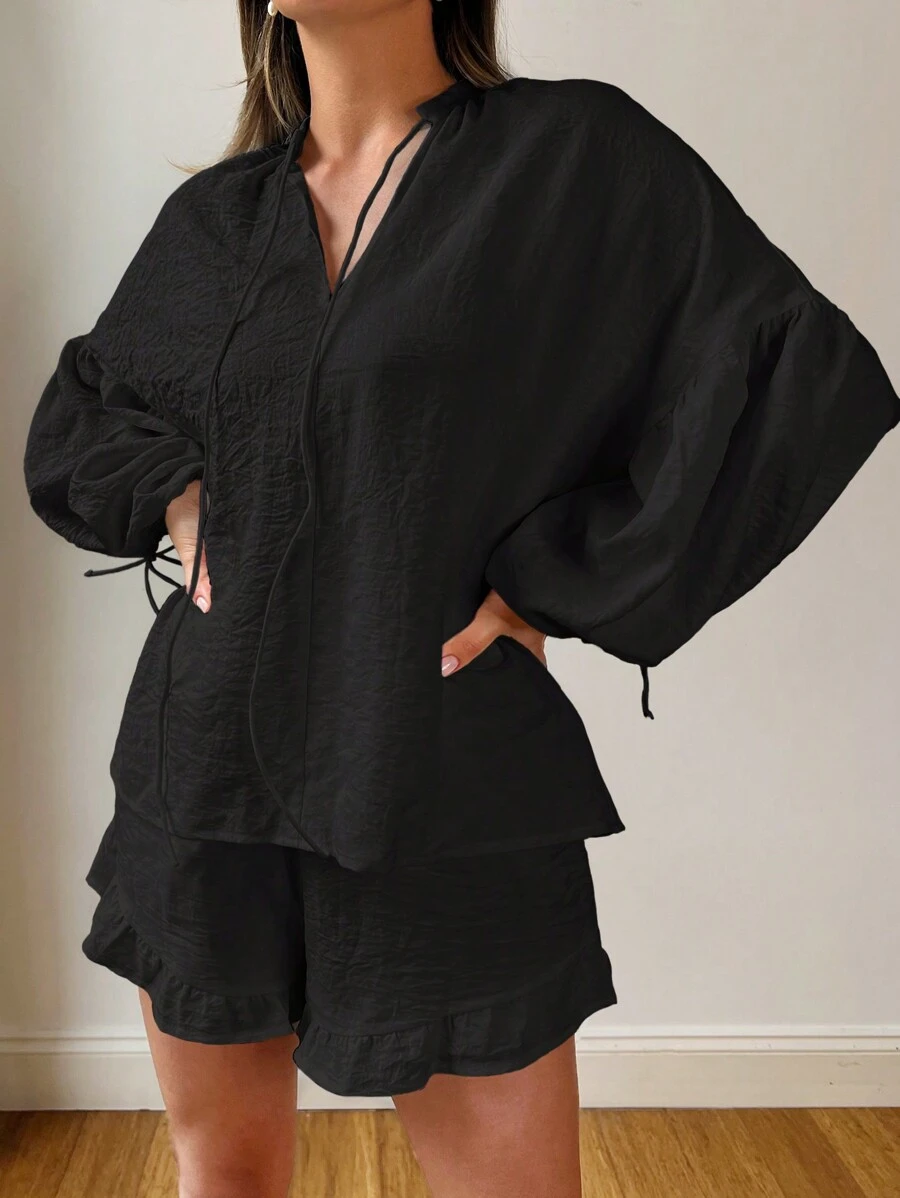 SHEIN Essnce 2pcs Women Casual Vacation Drawstring Breathable Wicking Lantern Sleeve Ruffle V-Neck Blouse & Shorts Set,Black Two Pieces Set - Black - View 1