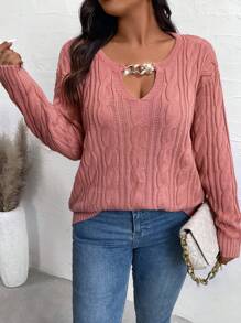 Calvaya Sweter damski w jednolitym kolorze, z łańcuszkiem i dekoltem w serek, w rozmiarze plus size, jesień/zima - Różowy - Zobacz 4