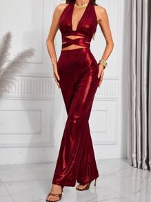 Zolique 2pcs Set Of Sexy Solid Color Backless Halter Neck Top And Pants, Summer - Burgundy - View 5