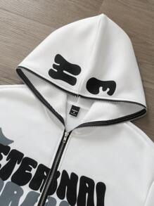 Manfinity EMRG 宽松男士字母印花连帽卫衣，带保暖内衬，适合秋冬季节，长袖上衣 - 白色 - 查看 3