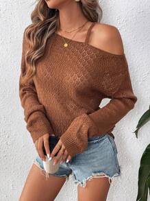 SHEIN VCAY Solid Color Asymmetric Collar Long Sleeve Pullover Sweater,Off Shoulder,Women Sweaters,Halloween Customs Women - Brown - View 5