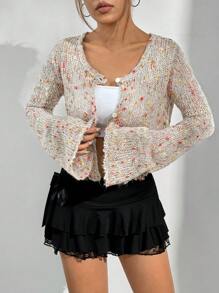 SHEIN Unity Polka Dot Hollow Out Knit Casual Vacation Cropped Cardigan - Pink - View 9