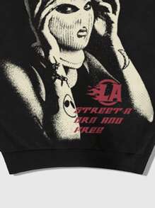 ROMWE MEN Street Life 男士蝙蝠袖字母图案印花拉链连帽衫，适合日常穿着，春夏款 - 黑色 - 查看 6