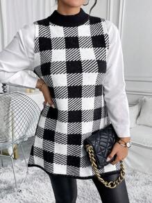 SHEIN Clasi Women's Crew Neck Sleeveless Stand Collar Plaid Pattern Jacquard Sweater Vest, Casual Wear - Black and White - View 1