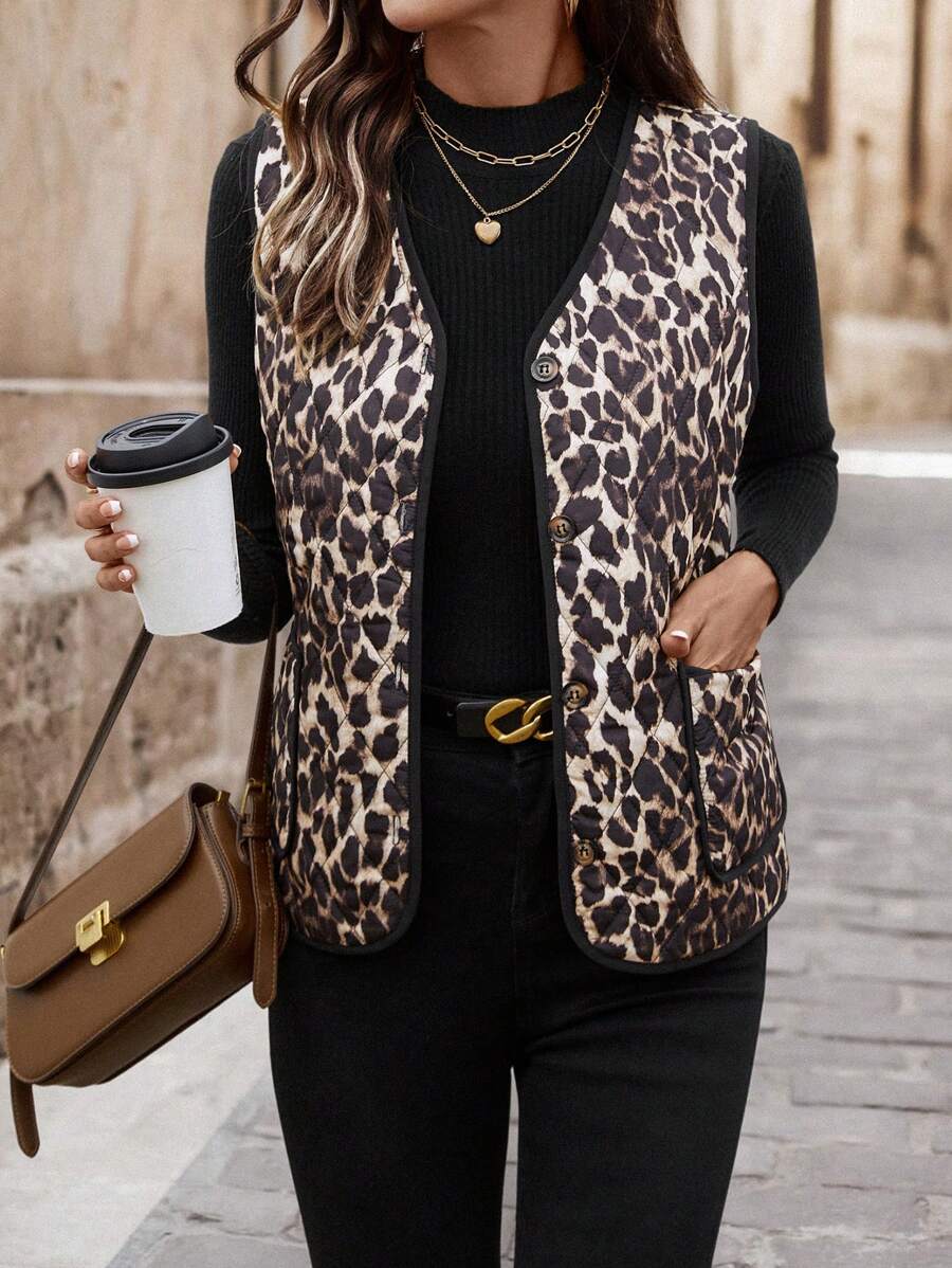 EMERY ROSE Women Leopard Print Sleeveless Padded Padded Coat Clothes Winter - Black - View 1