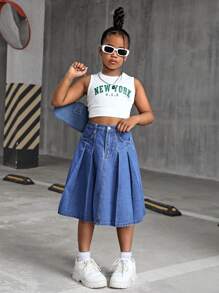 SHEIN 青少年女孩 Y2K 时尚休闲蓝色牛仔褶皱长裙，女孩秋季服装返校装