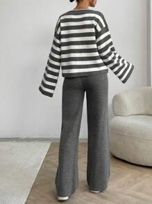 EURMUSE Women Stripe Pattern Front Button V-Neck Drop Shoulder Cardigan & Sweater Pants Set - Grey - View 4