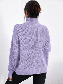 Cloudara Jersey de cuello tortuga de hombros caídos tejido de cable - Púrpura malva - Ver 2