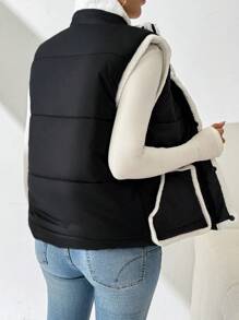 SHEIN Essnce Chaleco sin mangas con botones delanteros, ribete de contraste y parches de piel, para uso casual