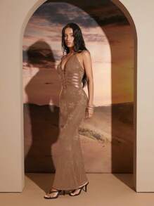 Hauture Sophisticated Lace Bodycon Dress With Halter Neckline And Strappy Cutout Detailing