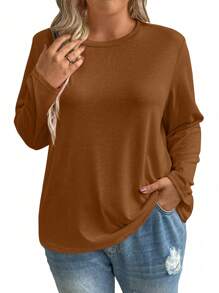 SHEIN LUNE Plus Size Crew Neck Long Sleeve Solid Color Casual Loose Comfy T-Shirt