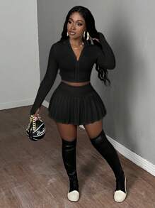 Slaydiva 2pcs Women's Casual Zip-Up Top And Pleated Mini Skirt Tennis Outfit Set - Ladies Casual Zipper Slim Fit Black Regular Sleeve Women Tops & Pleated Skirt Women Two-Piece Outfits, Spring/Summer, Casual Daily Wear