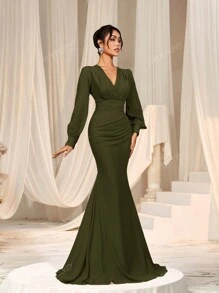 Faeriesty Elegant Cross-Over V-Neck Lantern Sleeve Mermaid Hem Dress - Sophisticated Timeless Design For Spring/Summer Weddings, Galas, Red Carpet Bridesmaid Dress