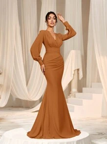 Faeriesty Women Elegant Elegant Cross-Over V-Neck Lantern Sleeve Mermaid Hem Dress - Sophisticated Timeless Design For Spring/Summer Weddings, Galas, Red Carpet Bridesmaid Dress,Summer Holiday Outfits - Rust Brown - View 2