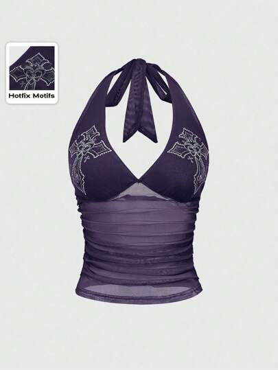 Goth Top sin mangas de cuello halter plisado con abertura lateral de malla cruzada y decoración de pedrería para mujer