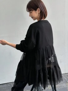FRIFUL Áo cánh rộng tay dài cổ tròn lưới xếp nếp thường ngày cho nữ, mặc hàng ngày, nhún bèo - màu đen - Xem 8