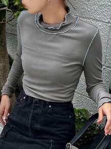FRIFUL Women's Fitted Contrast Piping T-Shirt Long Sleeve Women Tops - Grey - View 6