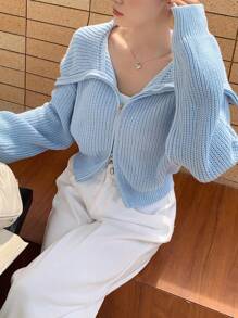 DAZY 女士宽松短款拉链开衫，秋季女装夹克 - 藍色 - 查看 1