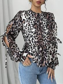 Chiquease Damen Rundhals Langarm Krawattenoberteil mit modischen Knöpfen, sanfter Leopardenmuster Bluse Damen Hemd