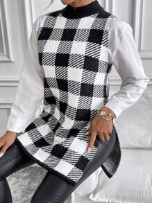 SHEIN Clasi Women's Crew Neck Sleeveless Stand Collar Plaid Pattern Jacquard Sweater Vest, Casual Wear - Black and White - View 3