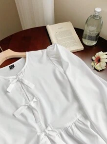 SHEIN EZwear Áo cánh tay đèn lồng màu trắng cỡ lớn cho nữ mùa xuân và mùa hè có dây buộc phía trước và viền xếp nếp - trắng - Xem 6
