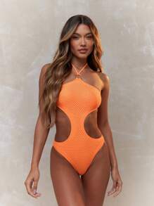MISSGUIDED Rhinestone Embellished Cut-Out Halter Neck One Piece Swimsuit Summer - Orange - View 1