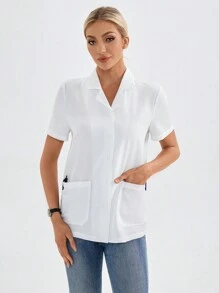 TaskEZ Quần áo làm việc cho đầu bếp nhà bếp mẫu giáo màu trắng cho nữ Quần áo cho nhân viên căng tin nam Quần áo đầu bếp màu trắng cho nữ Quần áo làm việc cho đầu bếp tay ngắn mùa hè mỏng màu trơn có túi quần ngắn tay - trắng - Xem 1