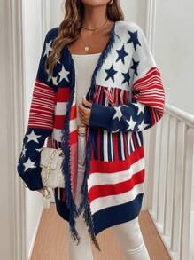 Chiquease Damen Cardigan mit Pentagramm Streifenmuster und Troddelverzierung