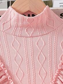 SHEIN Tween 女童针织提花荷叶边领高领连衣裙 - 粉色 - 查看 7