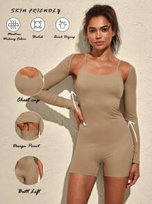 VARSIVA Solid Color Spaghetti Strap Long Sleeve Women Sports Jumpsuit - Coffee Brown - View 8