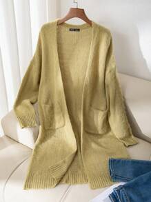 SHEIN LUNE Áo khoác cardigan dài tay thường ngày có túi cho nữ, thiết kế rộng rãi và thoải mái - màu xanh lá - Xem 1