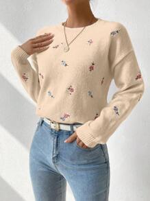 Chiquease Women's Floral Embroidered Decor Crew Neck Long Sleeve Sweater - Apricot - View 6