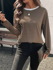 SHEIN LUNE Áo thun nữ sọc dài tay cơ bản đơn giản có cổ tương phản - Nhiều màu - Xem 3