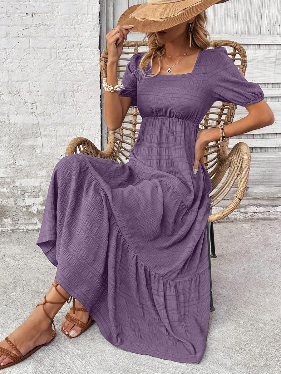 Breezaya 女士度假休闲纯色泡泡袖连衣裙长款度假海滩装 - 紫色 - 查看 1