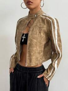 StreetHx Women's Front Zip Up Long Sleeve Solid Color Patchwork Minimalist Jacket, Casual Daily Wear - Apricot - View 6