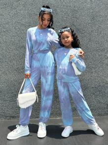 SHEIN Essnce Women's 2pcs Women's Tie Dye Crew Neck Long Sleeve Top And Pants Casual Set Street-Style Tie Dye Knit Crew Neck Long Sleeve Sweatshirt & Long Pants Sibling/Matching Outfits (Sold Separately) - Multicolor - View 4