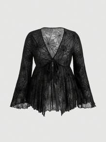 SHEIN MOD Plus Size Mesh Spider Web Embossed Tie Bow Flounce Sleeve Blouse - Black - View 1