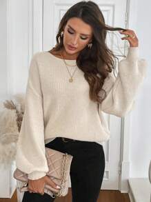 SHEIN LUNE Jersey de cuello redondo de manga larga con lazo retro marrón para mujer, apto para otoño/invierno, parte superior de manga larga